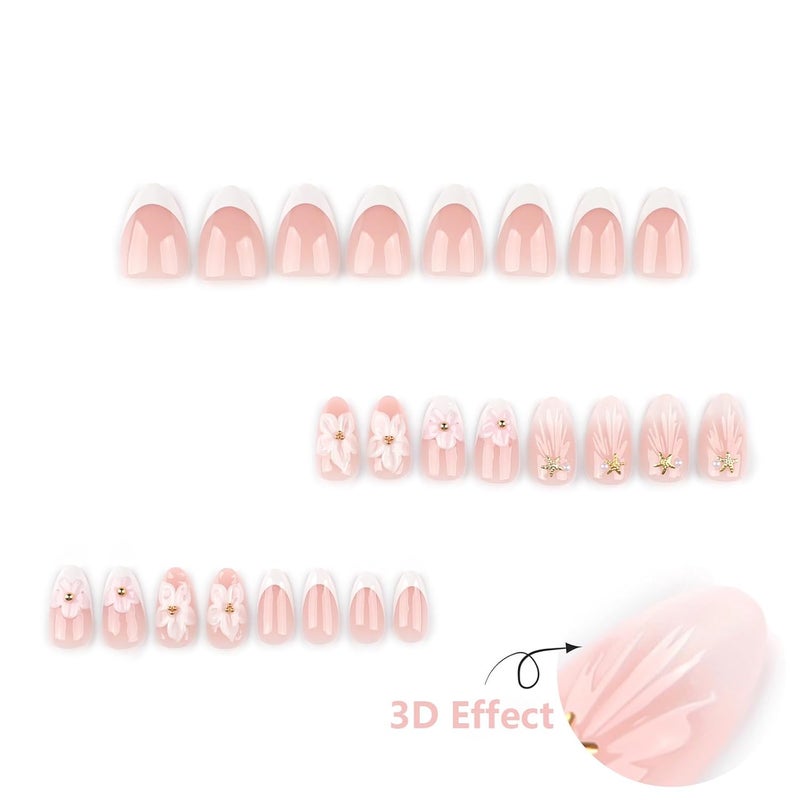 ASABITE 24Pcs Pink Flower Press on Nails Medium Almond Fake Nails with Glue White French Tip False Nails with 3D floral Starfish Pearl Design Cute Almond Nails Press ons Reusable Stick on Nail for Women - Image 4